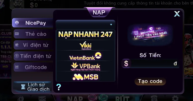 Hướng dẫn nạp tiền qua tài khoản ngân hàng tại cổng game 789Club.