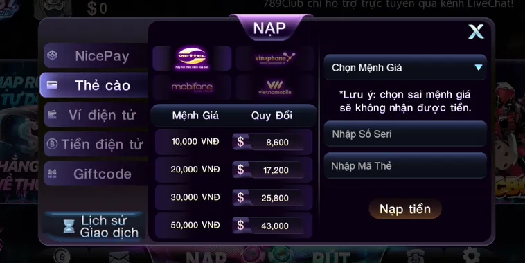 Hướng dẫn nạp tiền qua thẻ cào tại cổng game 789Club.