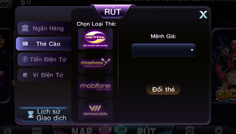 Hướng dẫn rút tiền qua thẻ cào tại cổng game 789Club.